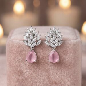Cubic Zircon Leaf Style Earrings Rhodium Plated For Women And Girls