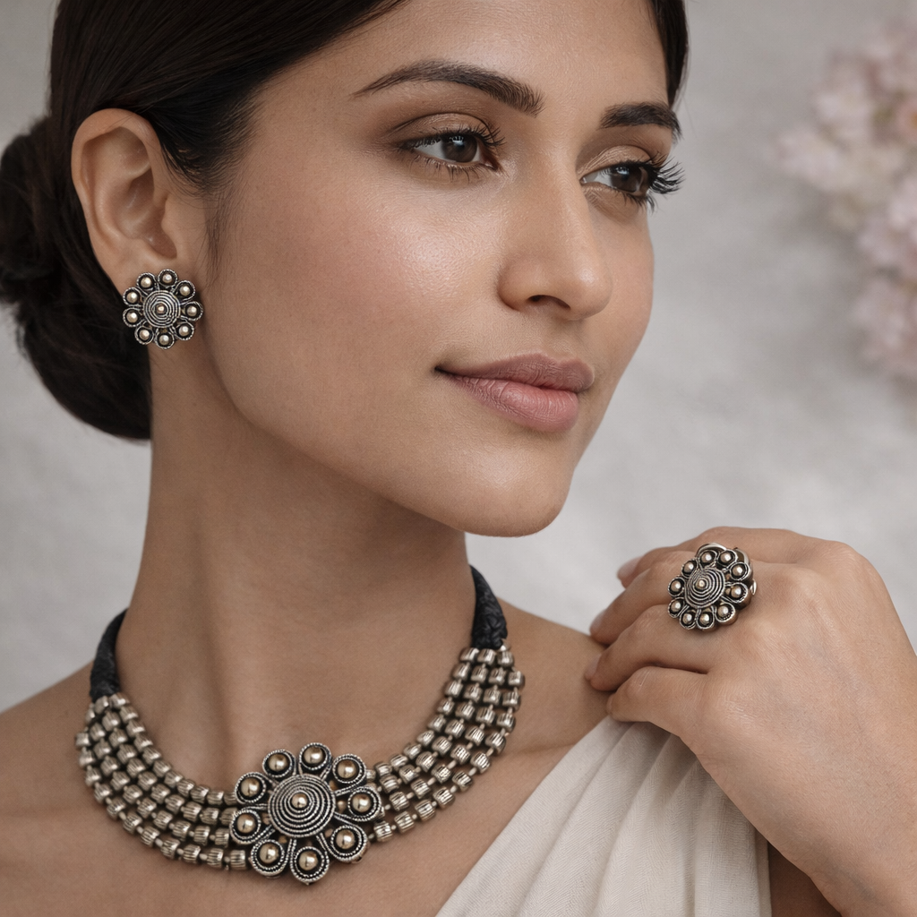 Oxidised Silver Necklace Set with Ring for Women and Girls