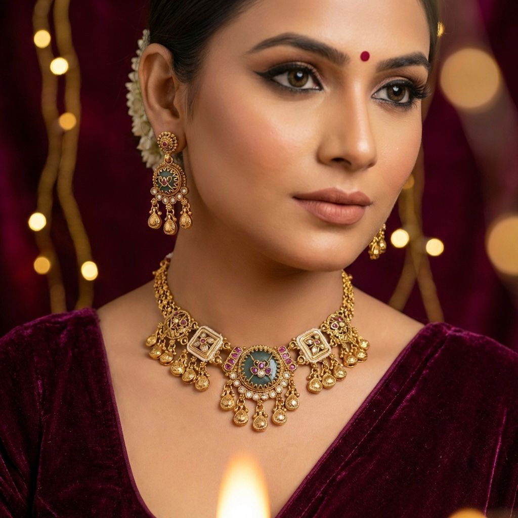 Rajwada Gold-Tone Choker Necklace Set with Matching Earrings | Bridal Wear