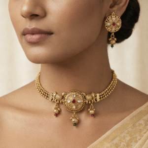 Traditional Gold-Tone Choker Necklace Set with Matching Earrings | Bridal Wear