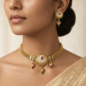 Traditional Gold-Tone Choker Necklace Set with Matching Earrings | Bridal Wear