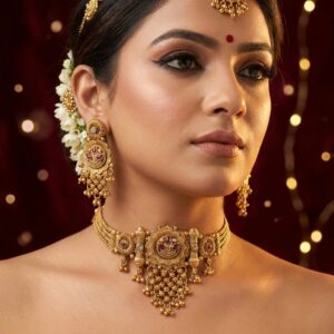 Rajwada Gold-Tone Choker Necklace Set with Matching Earrings | Bridal Wear