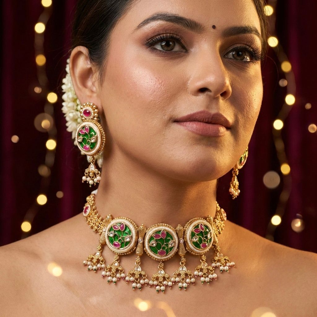 Rajwada Gold-Tone Choker Necklace Set with Matching Earrings | Bridal Wear