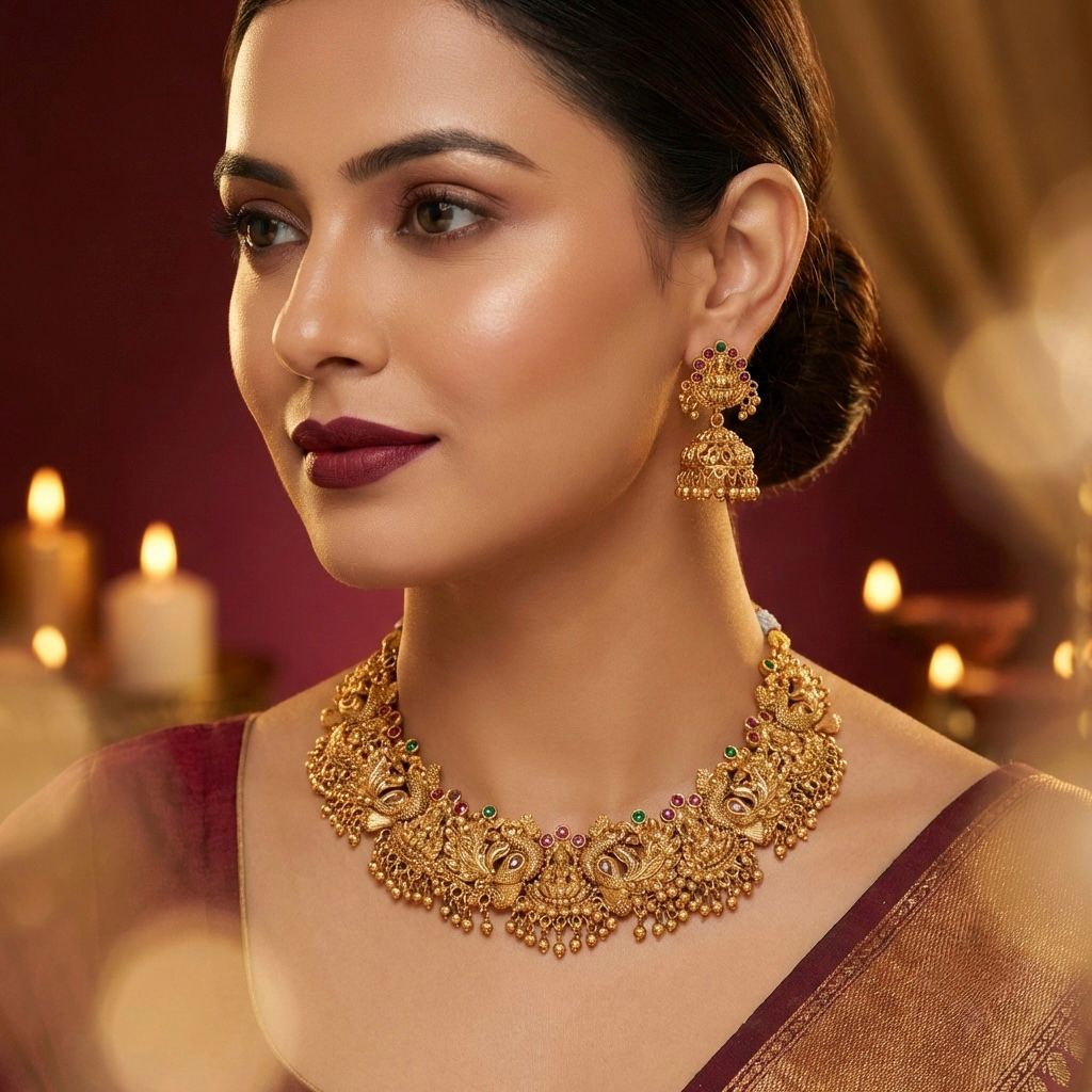 Rajwada Gold-Tone Choker Necklace Set with Matching Earrings | Bridal Wear