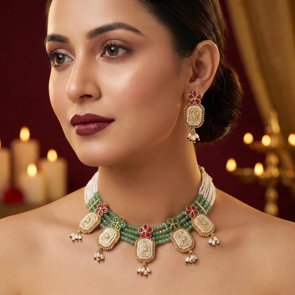 Rajwada Gold-Tone Choker Necklace Set with Matching Earrings | Bridal Wear