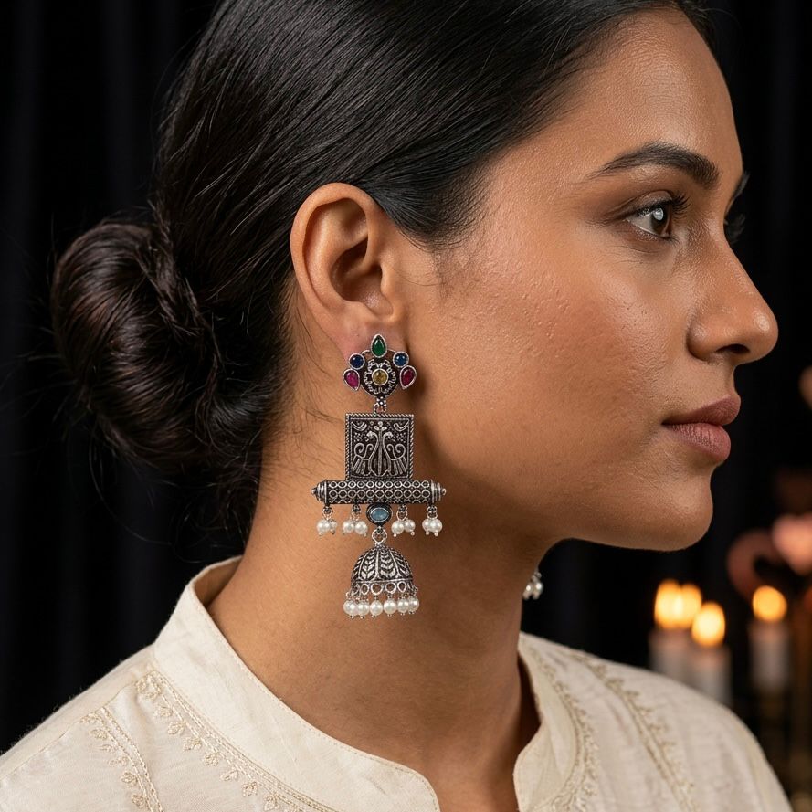 Multicolor Oxidised Jhumka Earrings