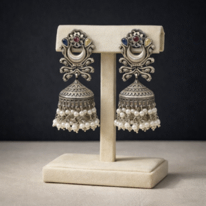 Traditional Oxidised Silver Jhumkis Earrings for Navratri & Garba