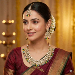 Multicolour Kundan Necklace Set with Maangtikka For Women and Girls