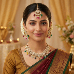 Multicolour Kundan Necklace Set with Maangtikka For Women and Girls